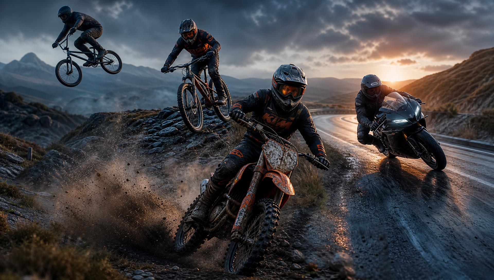 A cyclist and motorcyclist riding a UK country road at sunset